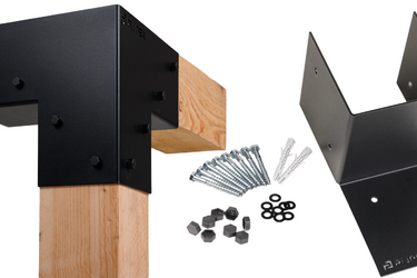 Zwarte metalen pergola verbindingen met montagemateriaal – stevige koppelstukken voor houten pergola constructies